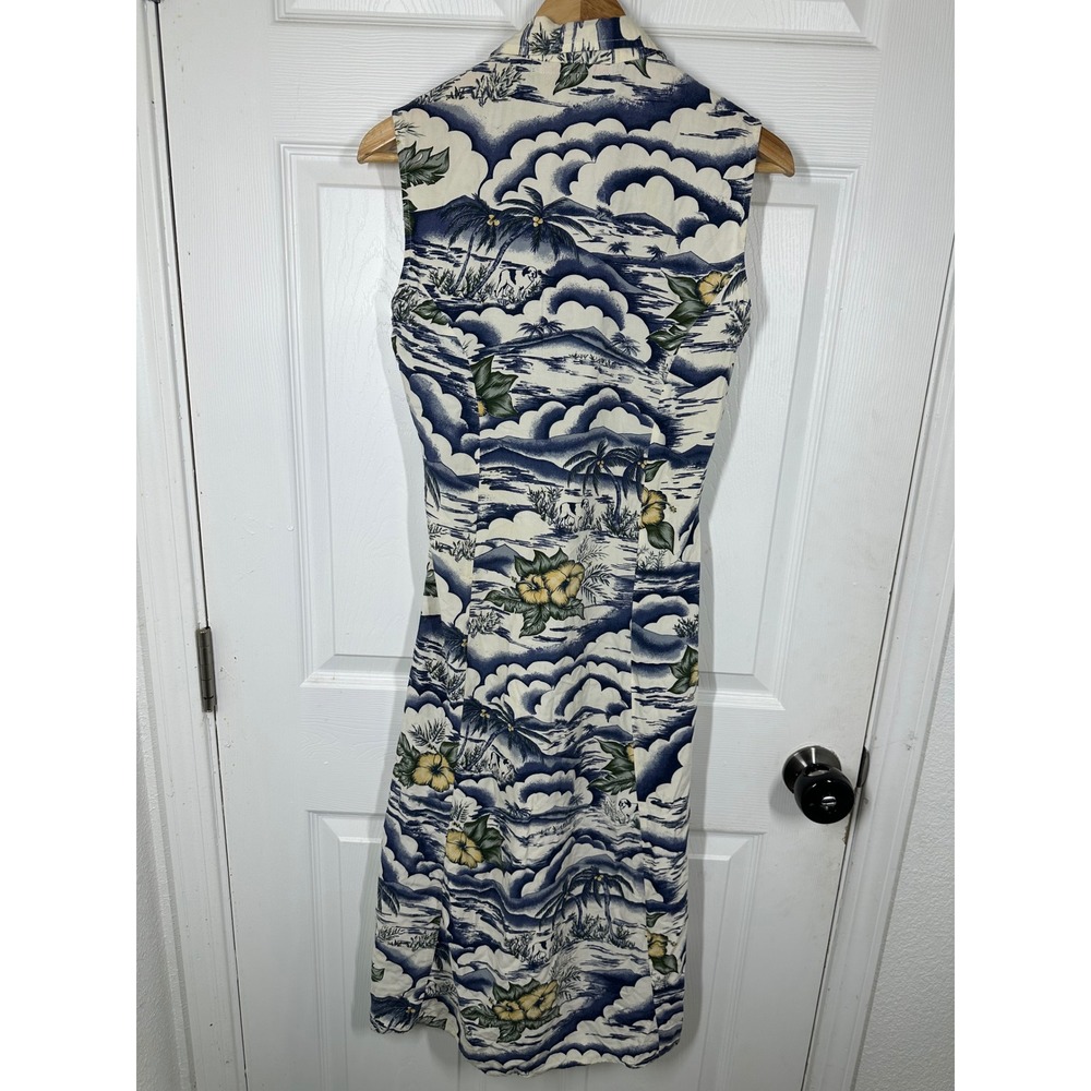 Big Dogs Dress Womens Small Blue White Tropical Scenic Rayon Button Front Midi